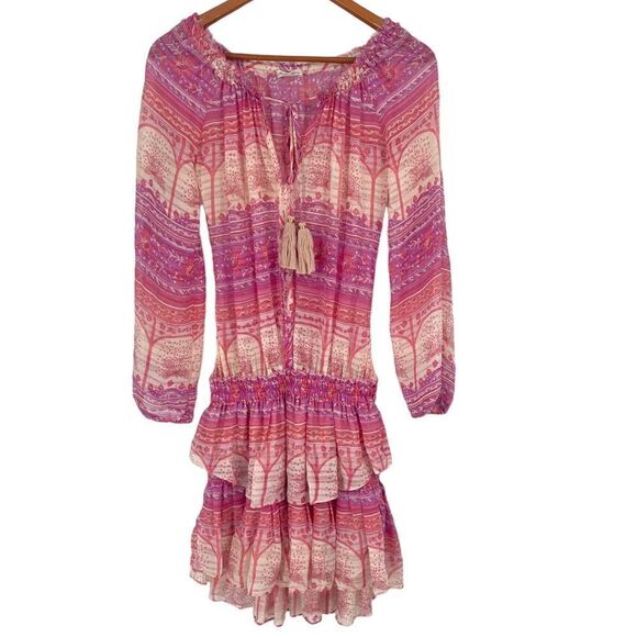 LoveShackFancy Pink Ruffle Tired Cinch Waist Ballon Sleeve Mini Silk Dress Sml - Picture 1 of 8